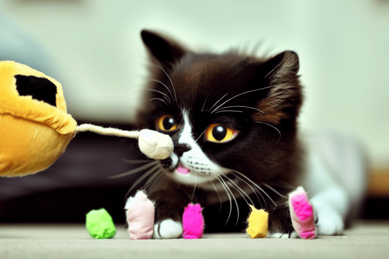Gato muito lindo brincando com brinquedos de pelúcia catnip.