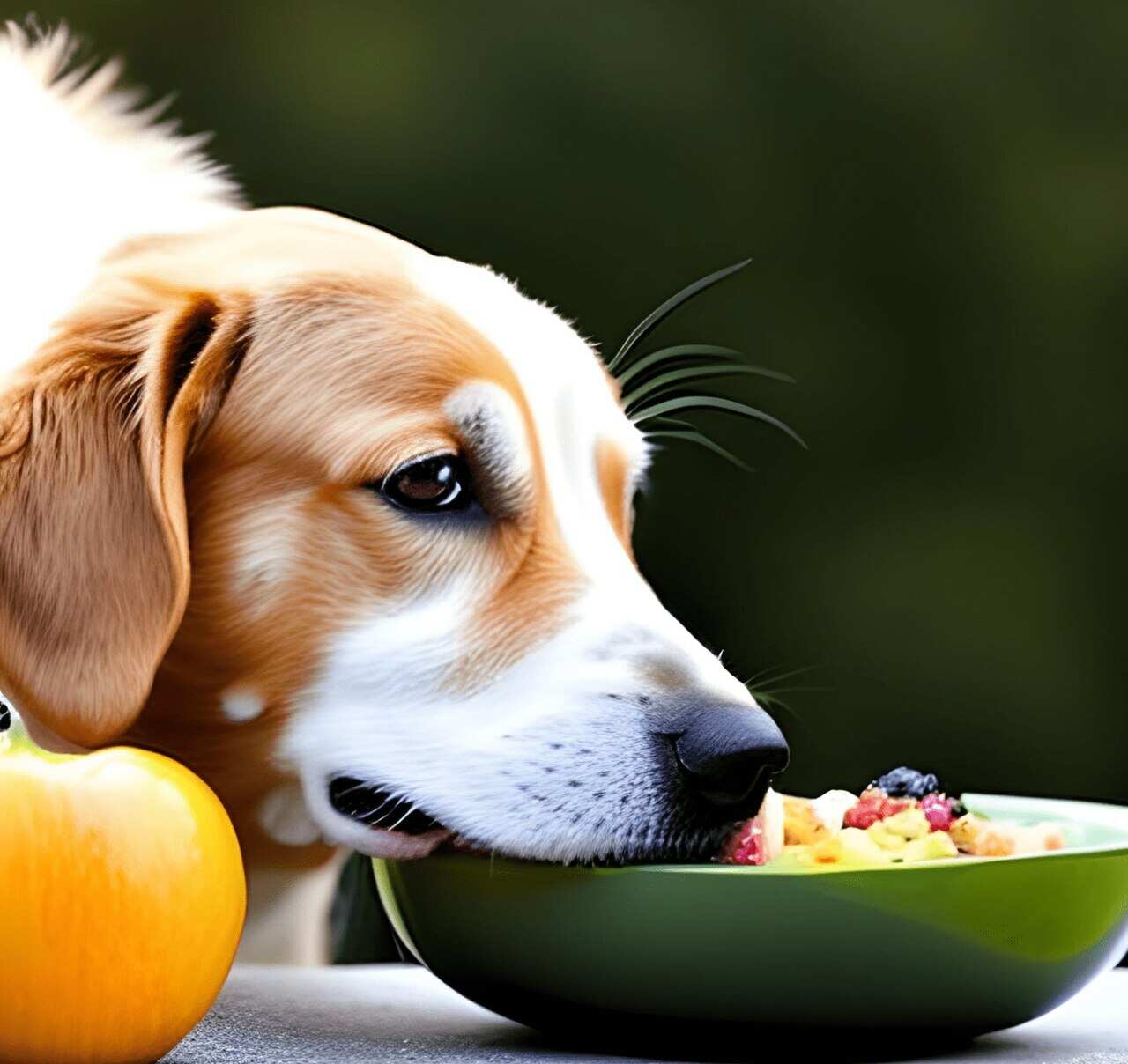 Um lindo cachorro colocando a boca em uma comida.