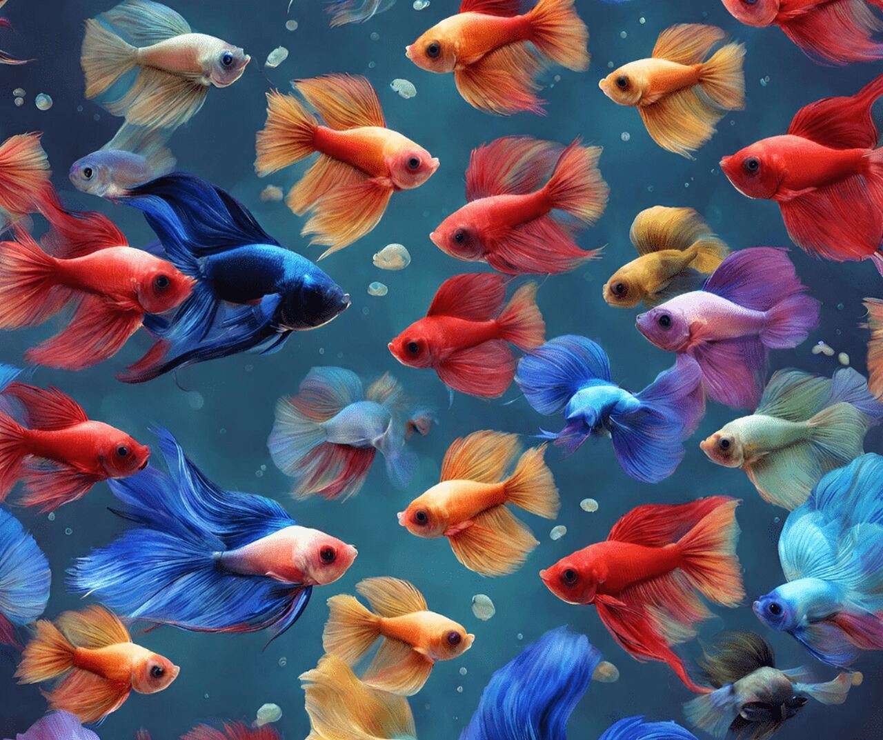Vários peixes betta lindos de diversas cores num aquário.