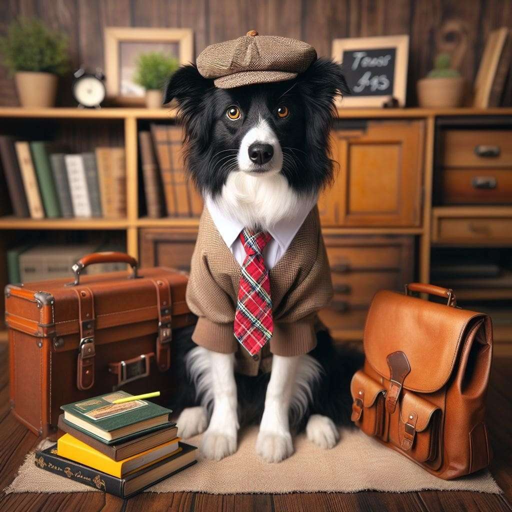 Cão lindo da raça Border Collie vestido como um professor universitário.