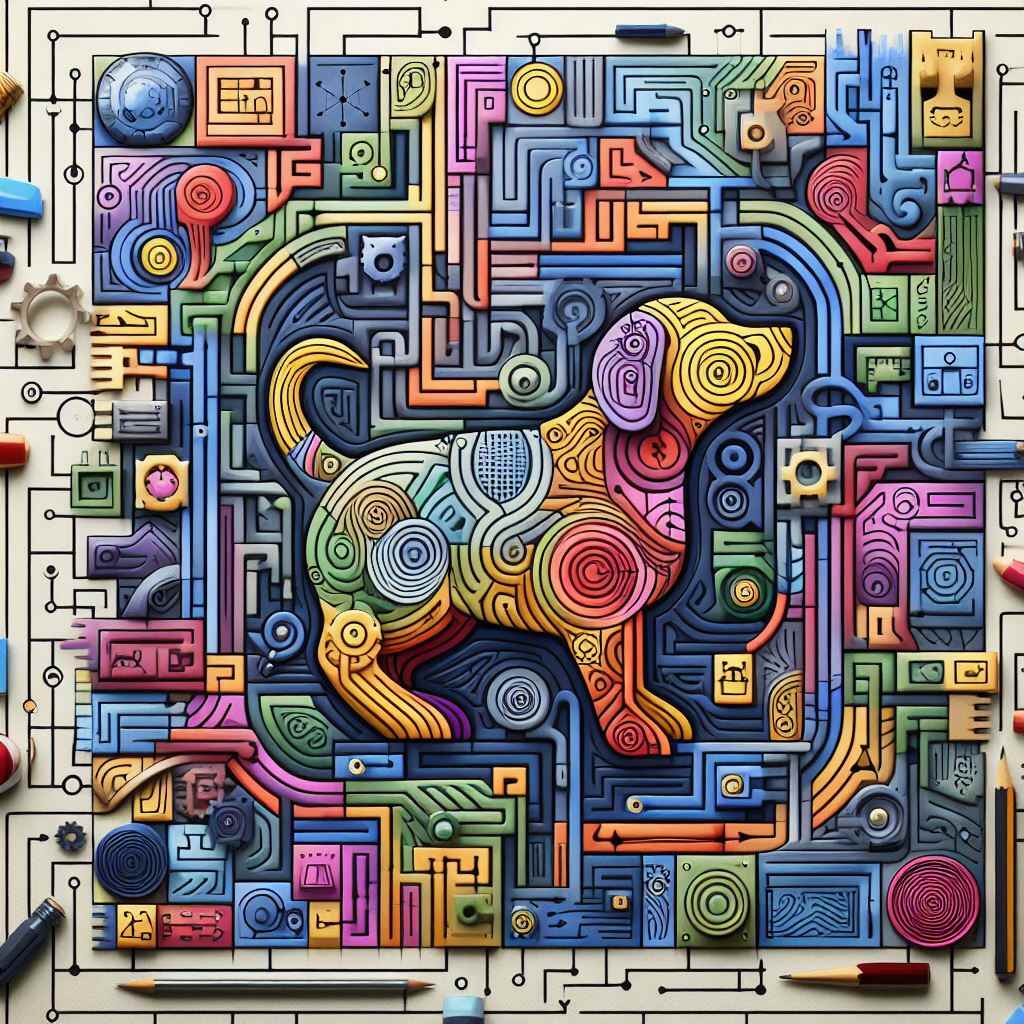 Uma obra de arte em forma de cão representando o labirinto que é a mente canina.