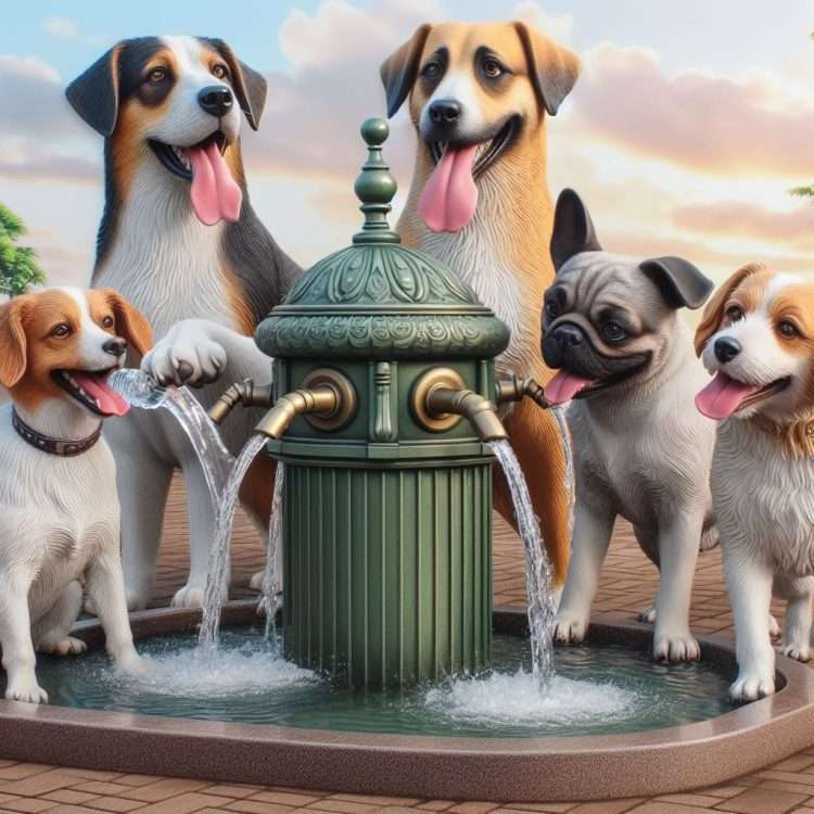 Cinco cães lindos em volta de um bebedouro de cachorródromo para se hidratar.
