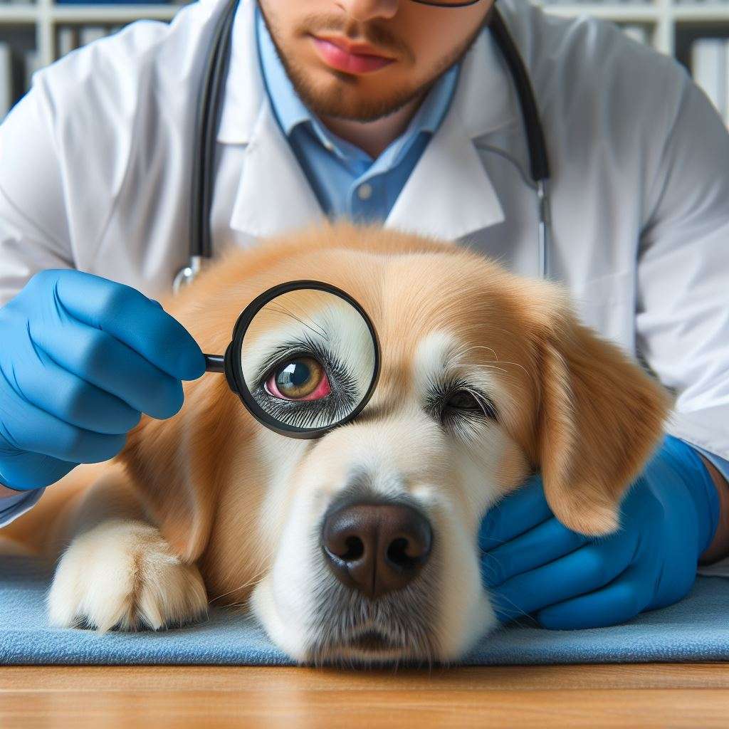 Um cachorro tendo o olho examinado pelo veterinário.