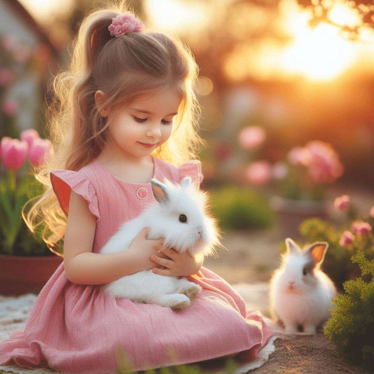 Uma menina linda vestida de rosa segurando um coelho branco no colo, com outro olhando.