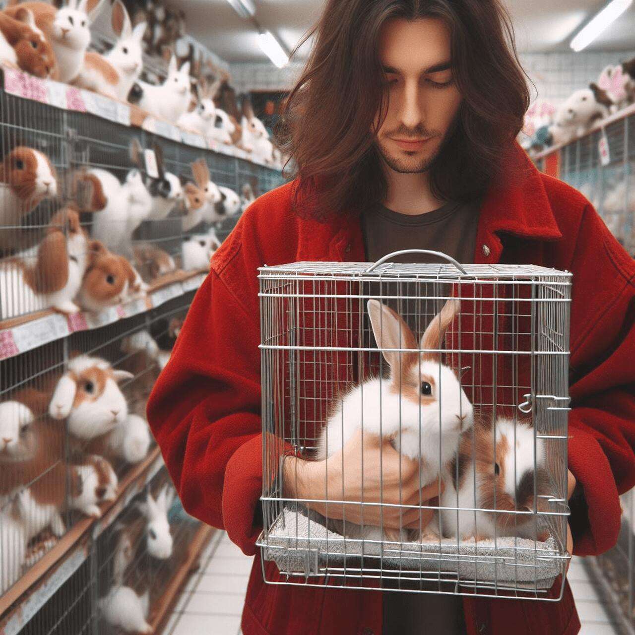 Um rapaz de vermelho, em uma loja de coelhos escolhendo dois em um gaiola.