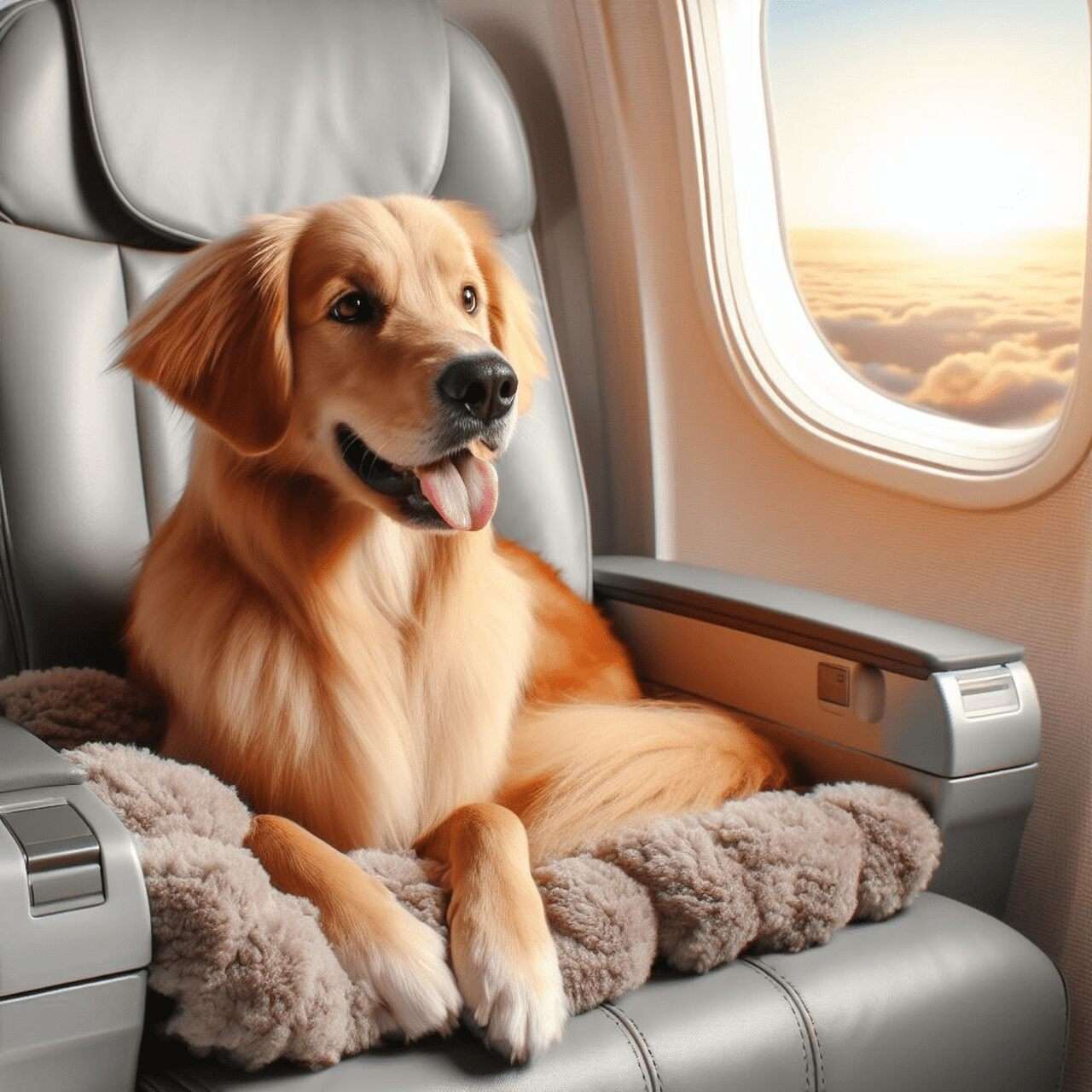 Um cachorro sentado confortavelmente em um assento de avião.