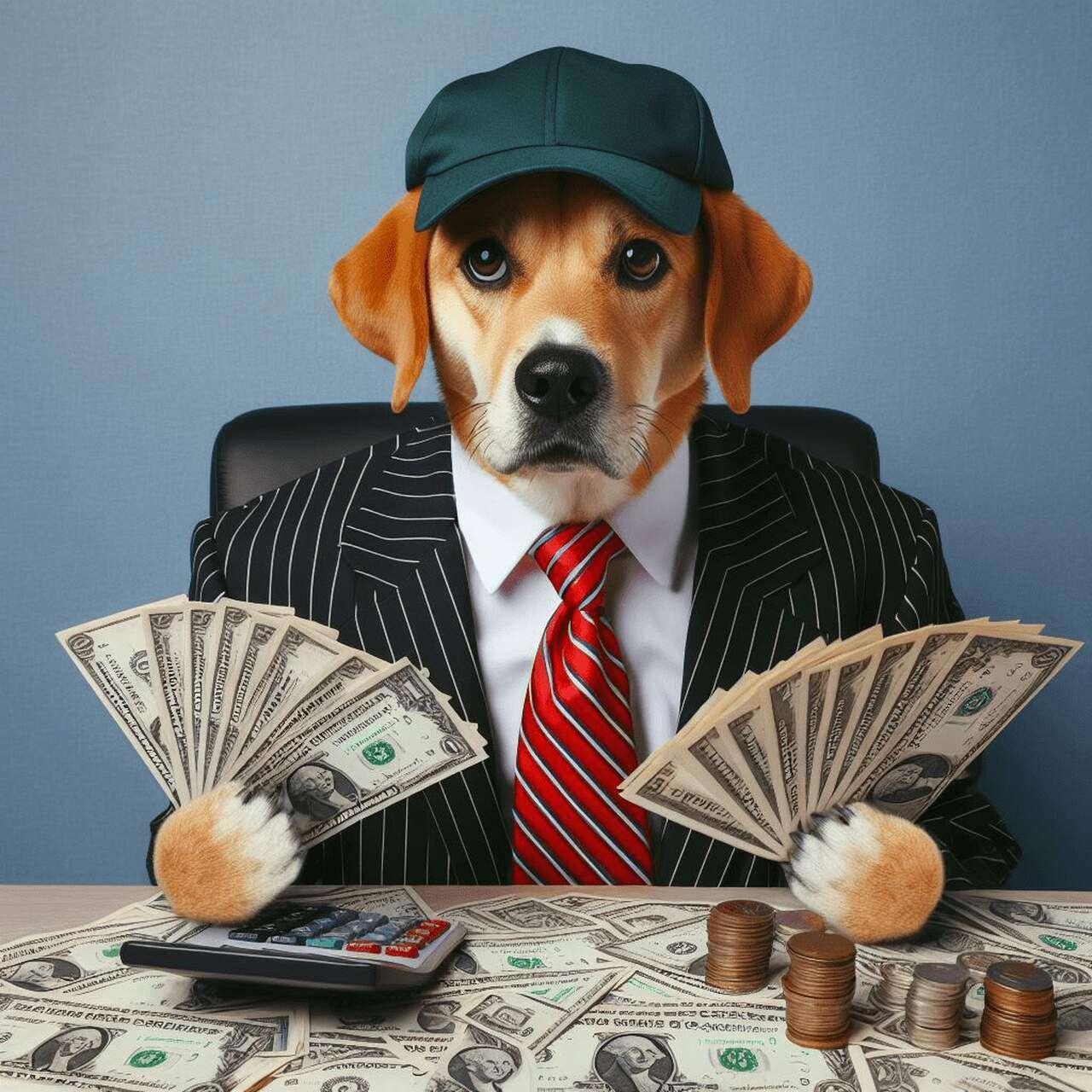 Um cachorro com cara de bravo e vestido de terno contando muitos dólares e moedas.