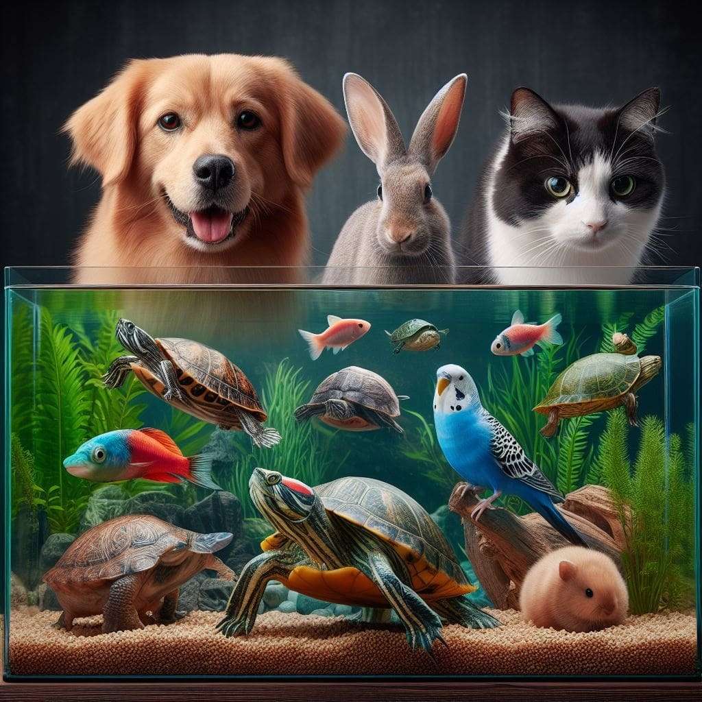 Um foto com cachorro, gato, coelhos, tartarugas, peixe bettas e pássaros.