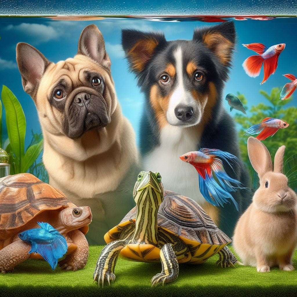 Dois cachorros contemplando um aquário repleto de peixes betta, com tartarugas e coelho na frente.