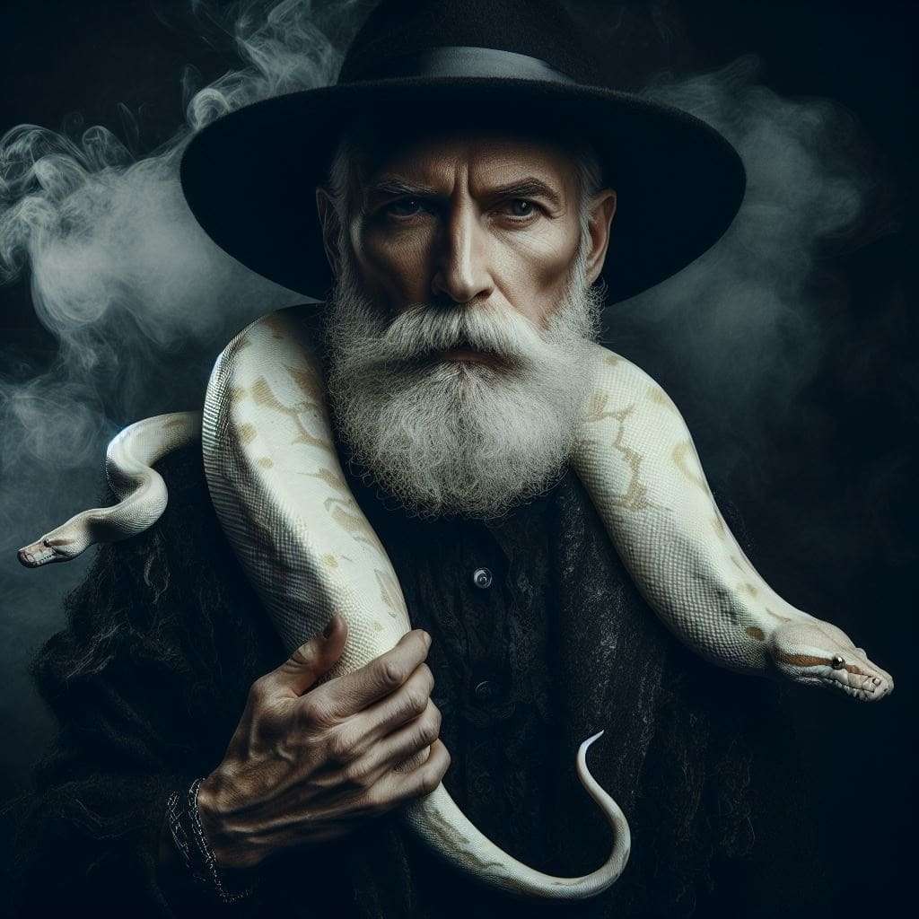 Um homem barbudo com uma cobra branca no pescoço.